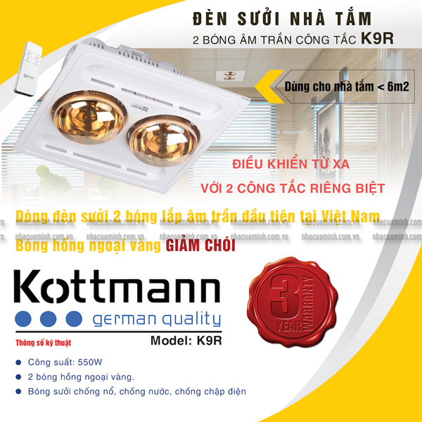 Đèn sưởi nhà tắm 2 bóng âm trần (điều khiển từ xa) Kottmann K9S