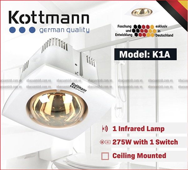 Đèn sưởi nhà tắm 1 bóng âm trần Kottmann K1A