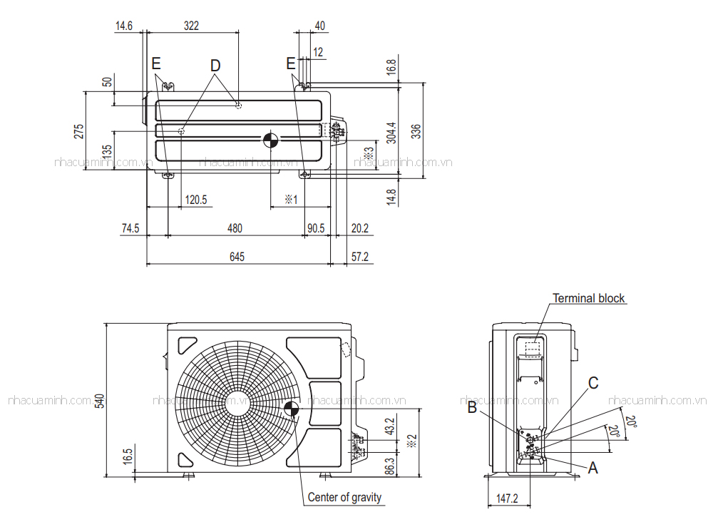 Bản vẽ kỹ thuật dàn nóng máy lạnh Mitsubishi SRK10YXS-W5/SRC10YXS-W5